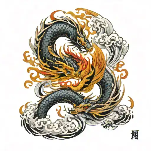 Dragon And Phoenix Rising From Ashes