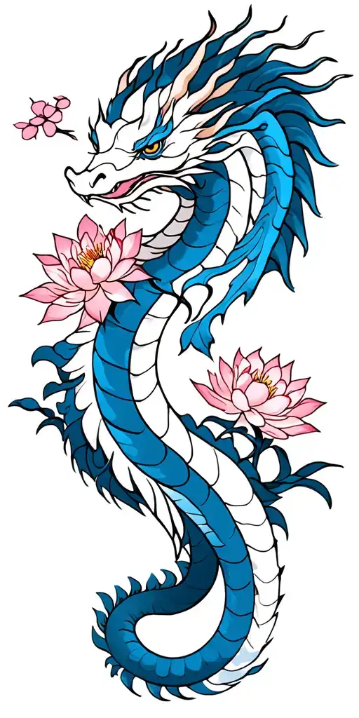 White And Blue Dragon With Lotus Blossom And Cherry Blossom Tree