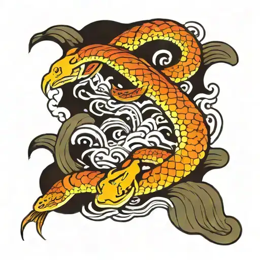 Japanese Snake And Fish Swimming Upstream