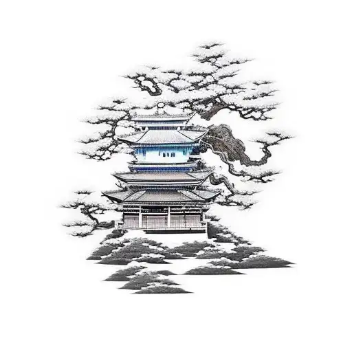 Tori Gate With Samurai Passing With Irisies In Hand Underneath A Bonsai Tree