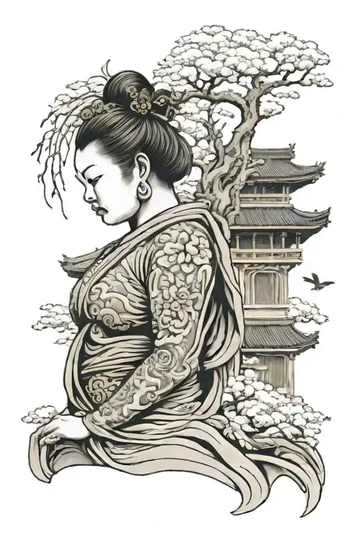 Temple Behind A Large Lady Buddha On Side View