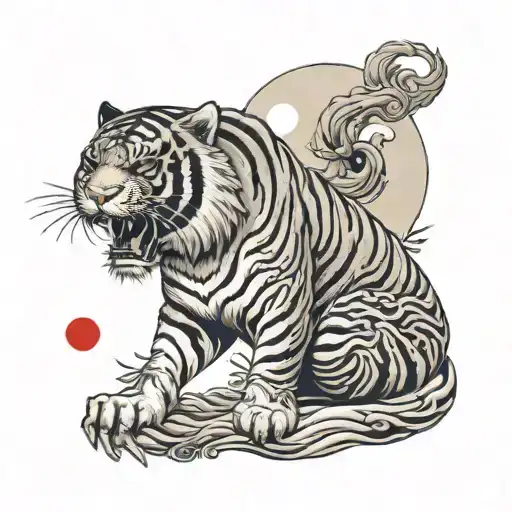 Red Line Tiger And Black Line Waning Gibbous Moon