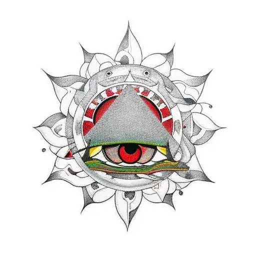 A Large White Snake With Red Spots Narrow Cunning Eyes The Sun Around The Head With Triangular Rays