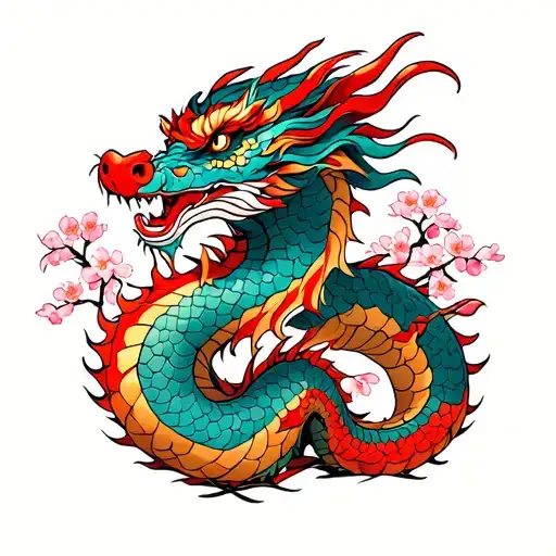 Dragon With Cherry Blossom Tree