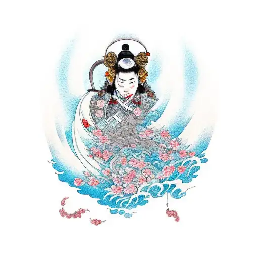 Burning Warrior Surrounded By Sakura Flowers And Waves