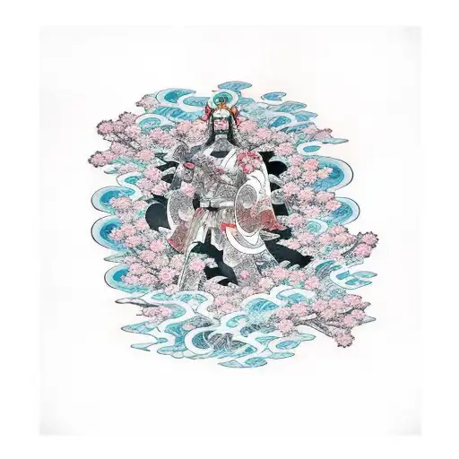 Burning Warrior Surrounded By Sakura Flowers And Waves