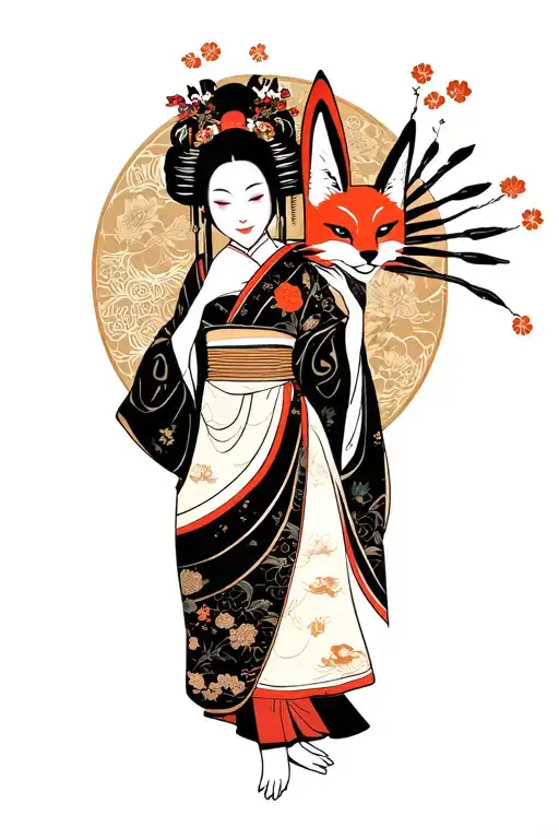 Geisha With A Kitsune Mask In His Hand And Kitsune Fox