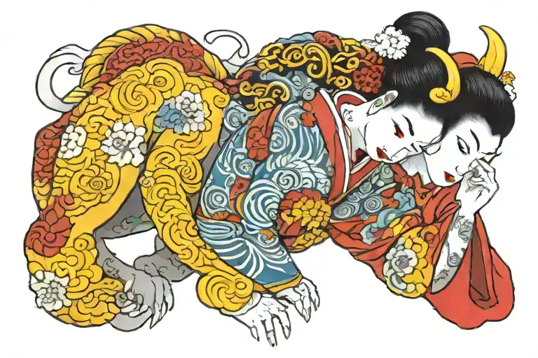 Geisha Covering Her Face And A Foo Dog