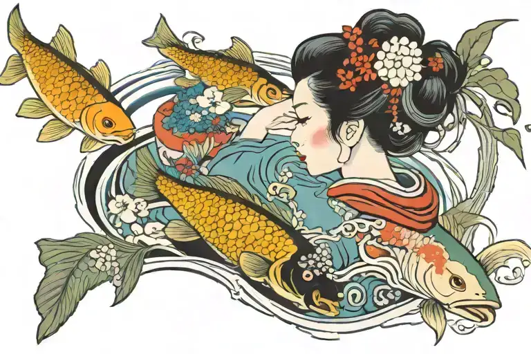 Geisha Covering Her Face At A Pond Fish Swimming