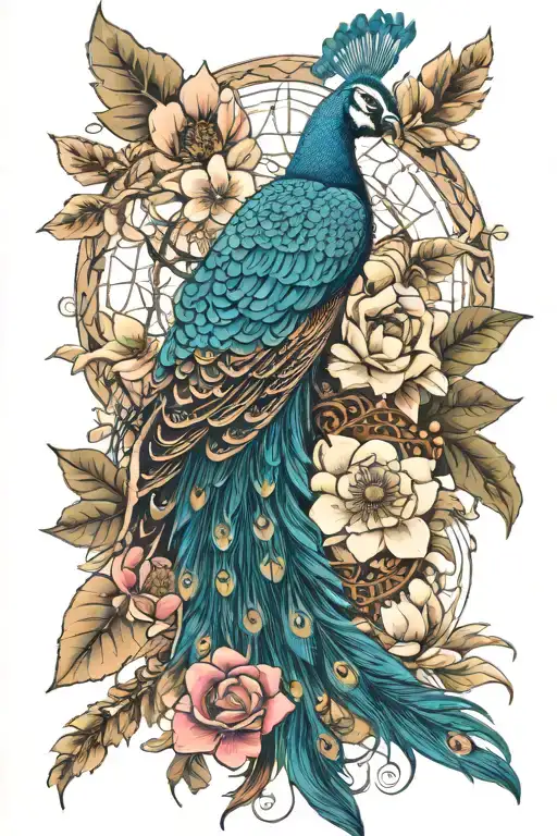 Magnolia Flower With Peacock And Dream Catcher Entangled In A Beautiful