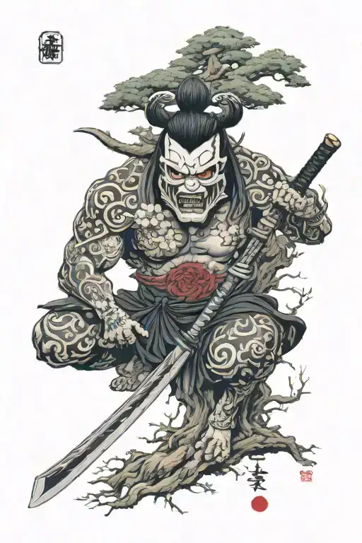 Shrine And Oni Mask Katana With Tree