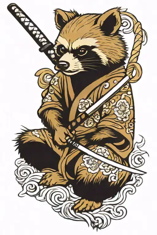 Angry Tanuki Sitting Katana