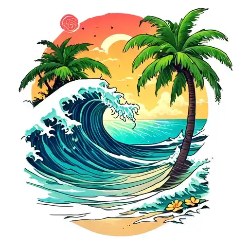 Beach Scene Featuring Tube Wave And Color Scheme