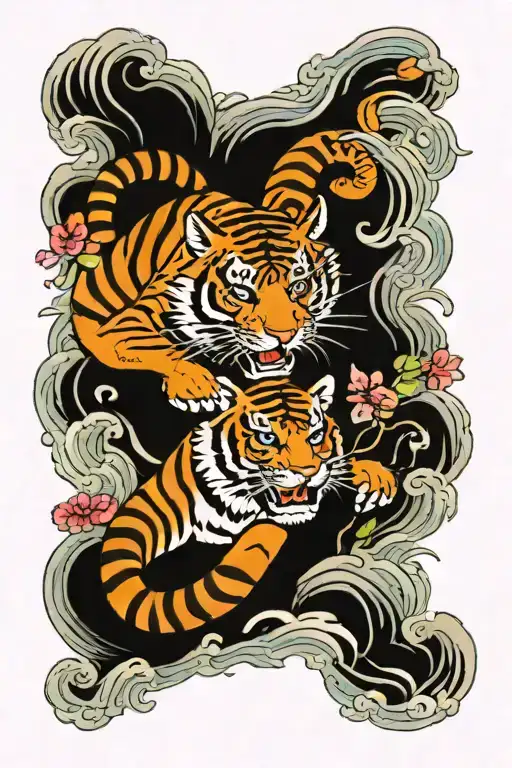 Tiger Fighting Fire With Ocean Waves And Cherry Blossums