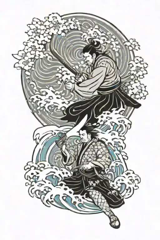 Samurai Killing A Devil With Waves Crashing And Flowers
