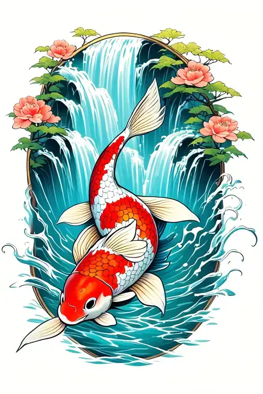 Koi Fish Swimming Up Waterfall