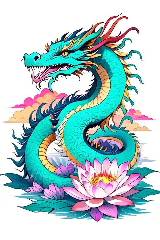Turquoise Dragon On The Lotus Flower Blooming Flowers With Pink And Purple Clouds On The Background