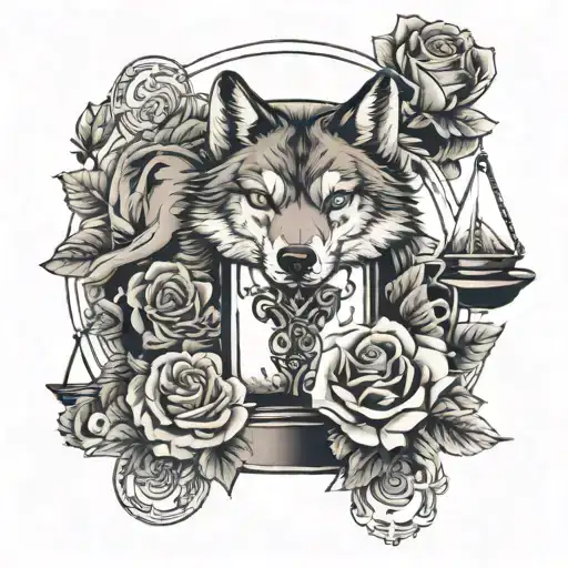 Roses Surrounding An Hourglass And A Protective Wolf