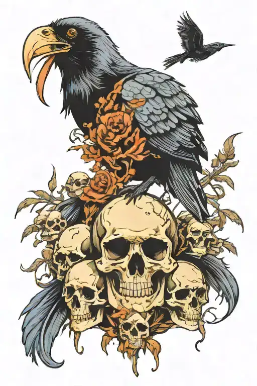 Raven On Skulls With Reaper Silohuette