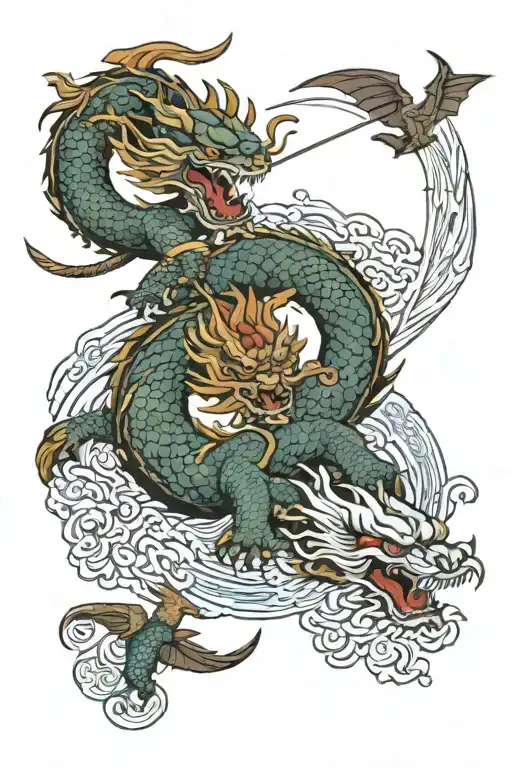 2 Japanese Dragons Flying And A Sword In The Middle