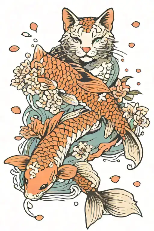 Cat Koi Fish Winter Cherry Blossom Petals Floating In Water