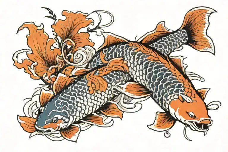 Koi Fish Flying Over Fox Sitting Alone In Moon Lit Bamboo Forest