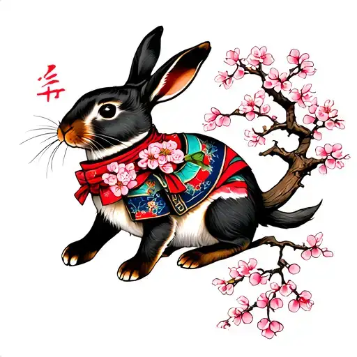 Japanese Warrior Rabbit With Cherry Blossom Tree Growing