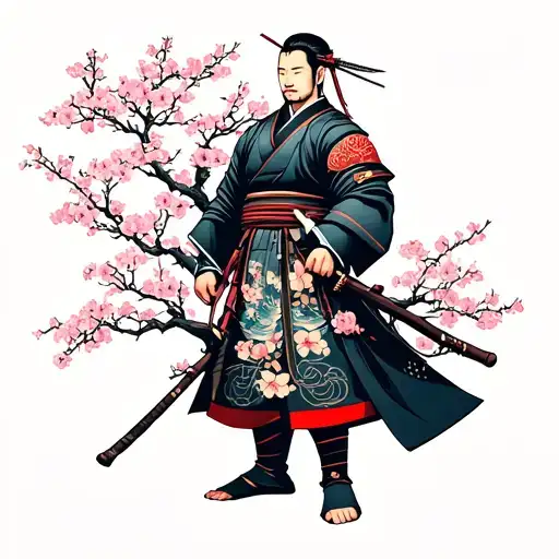 Japanese Warrior With Cherry Blossom Tree Growing