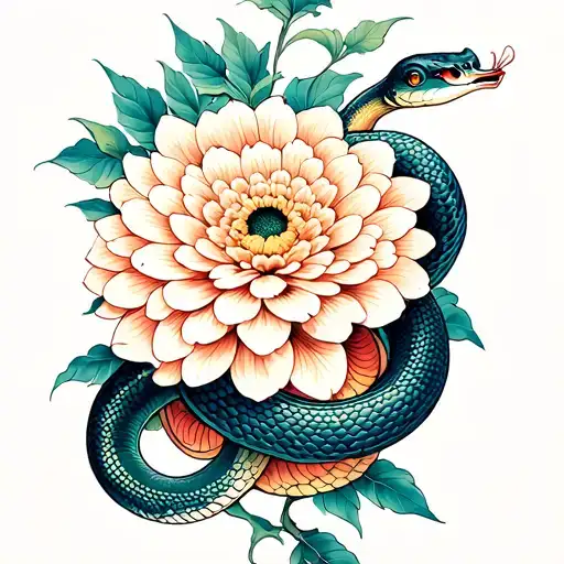 Snake Wrapped Around Chrysanthemum Flower