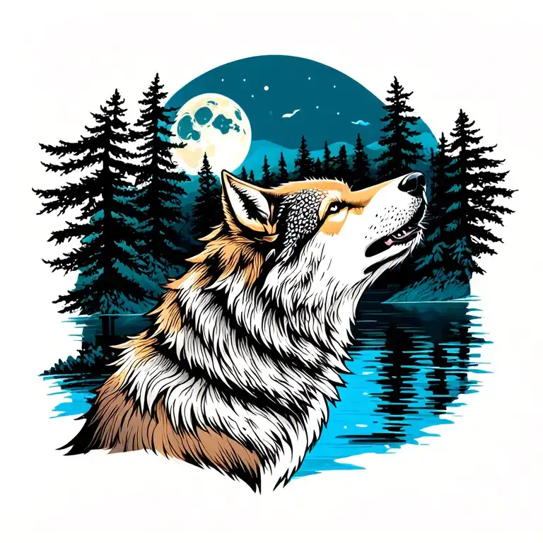 Adult Wolf Howling At The Moon In The Distance With Forest Lake Behind