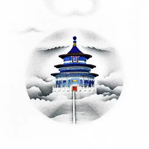 Temple Of Heaven With Cloud And A Person Lightning By A Sun