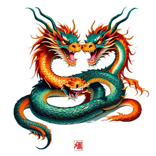 Two Dragons Take Care Of The Snake