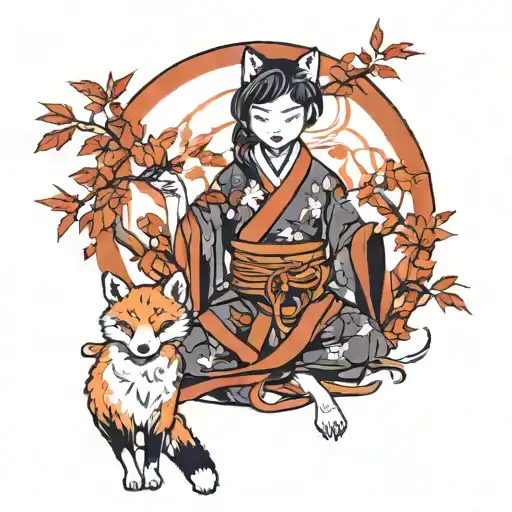 Kitsune Fox Female Ninja In Autumn Leaves