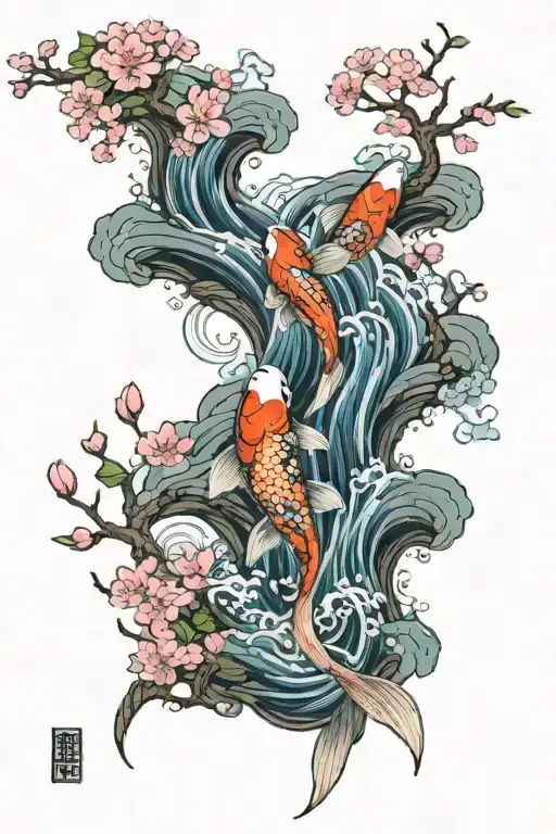 Koi Fish Going Up A Waterfall Surrounded By Cherry Blossoms