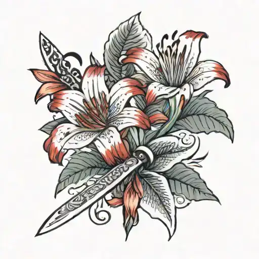 Red Lily Flower With Kitchen Knife