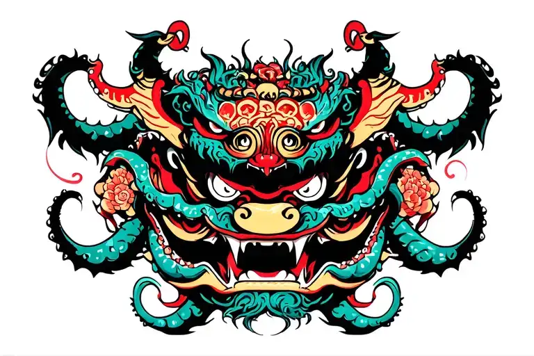 Dragon And Octopus Wrapped An Oni Mask