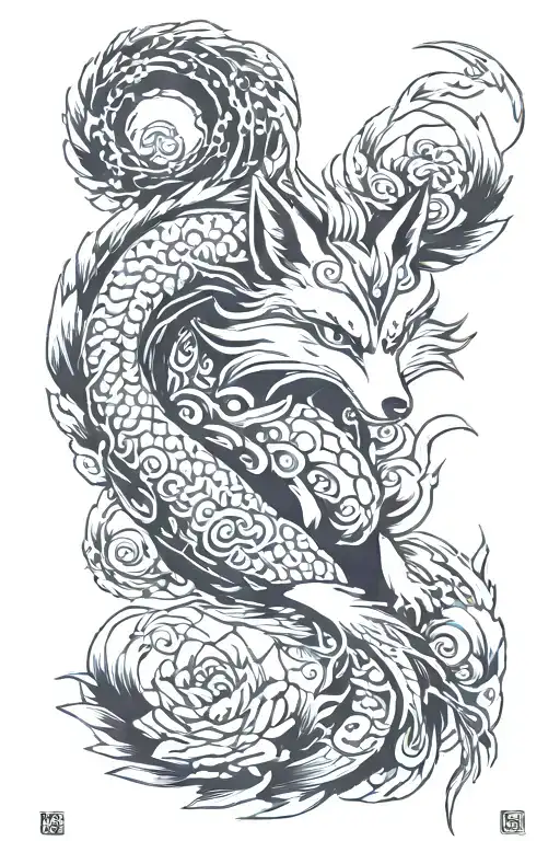 Japanese Line Art Painting Of 9 Tailed Fox From Naruto