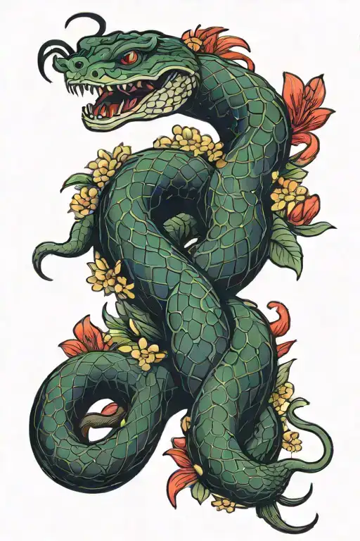 Snake And Centipede Crawling Around A Lycoris Radiata Flower