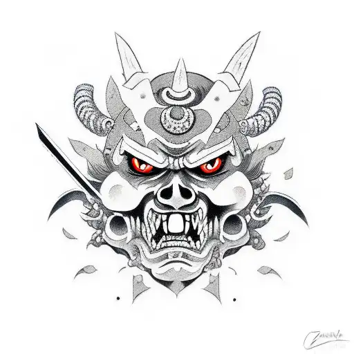 Oni Face With A Katana Through The Middle Surrounded By Skulls