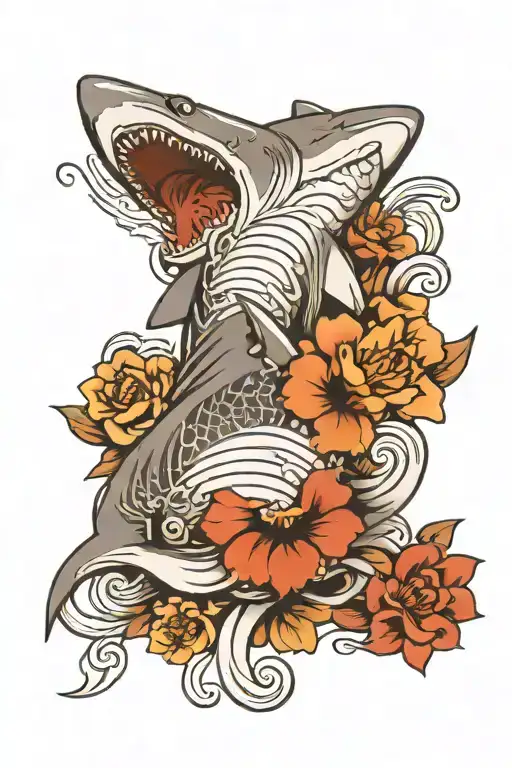 Irezumi Shark Forearm Sleeve With Waves And Flowers