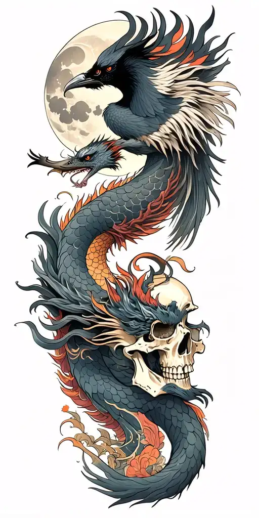 Chinese Dragon And Phoenix And Skull And Moon And Raven