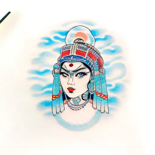 Woman With Indian Headdress With Three Moons On Face And Blue Eyes