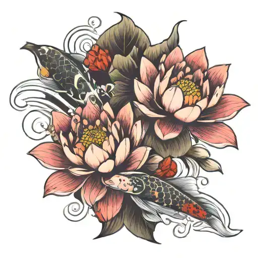 Lotus Flower And Koi Fish
