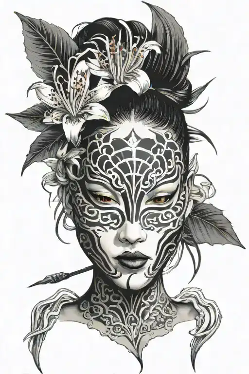 Katsuni Mask With Red Spider Lily Flower