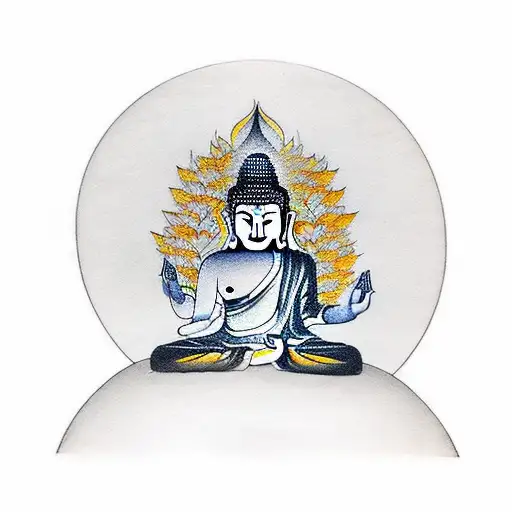 Buddha With Lotus And Tree Under Which He Got Enlightenment And Holding Out His Hand