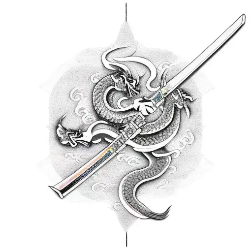 Straight Katana Down The Middle With Japanese Dragon Wrapped Around