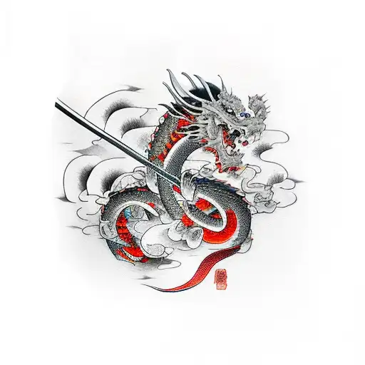 Katana Down The Middle And Japanese Dragon Wrapped Around