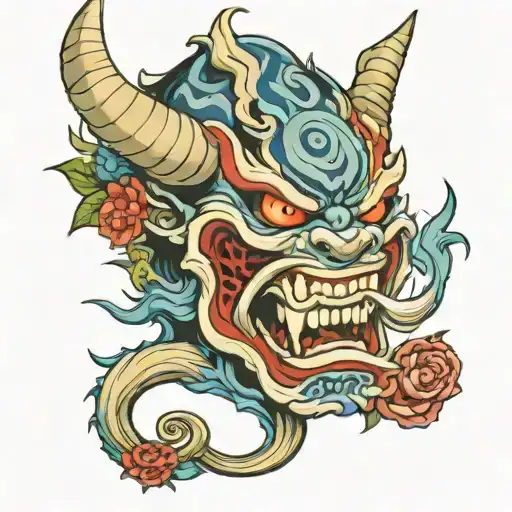 Oni With Blue Rose In Mouth Surrounded