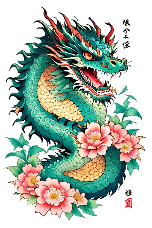 Chinese Spreading Big Dragon In Flowers