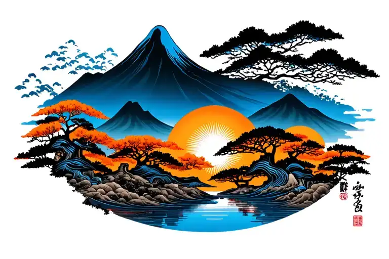 Japanese Landscape With Sun And Mountain